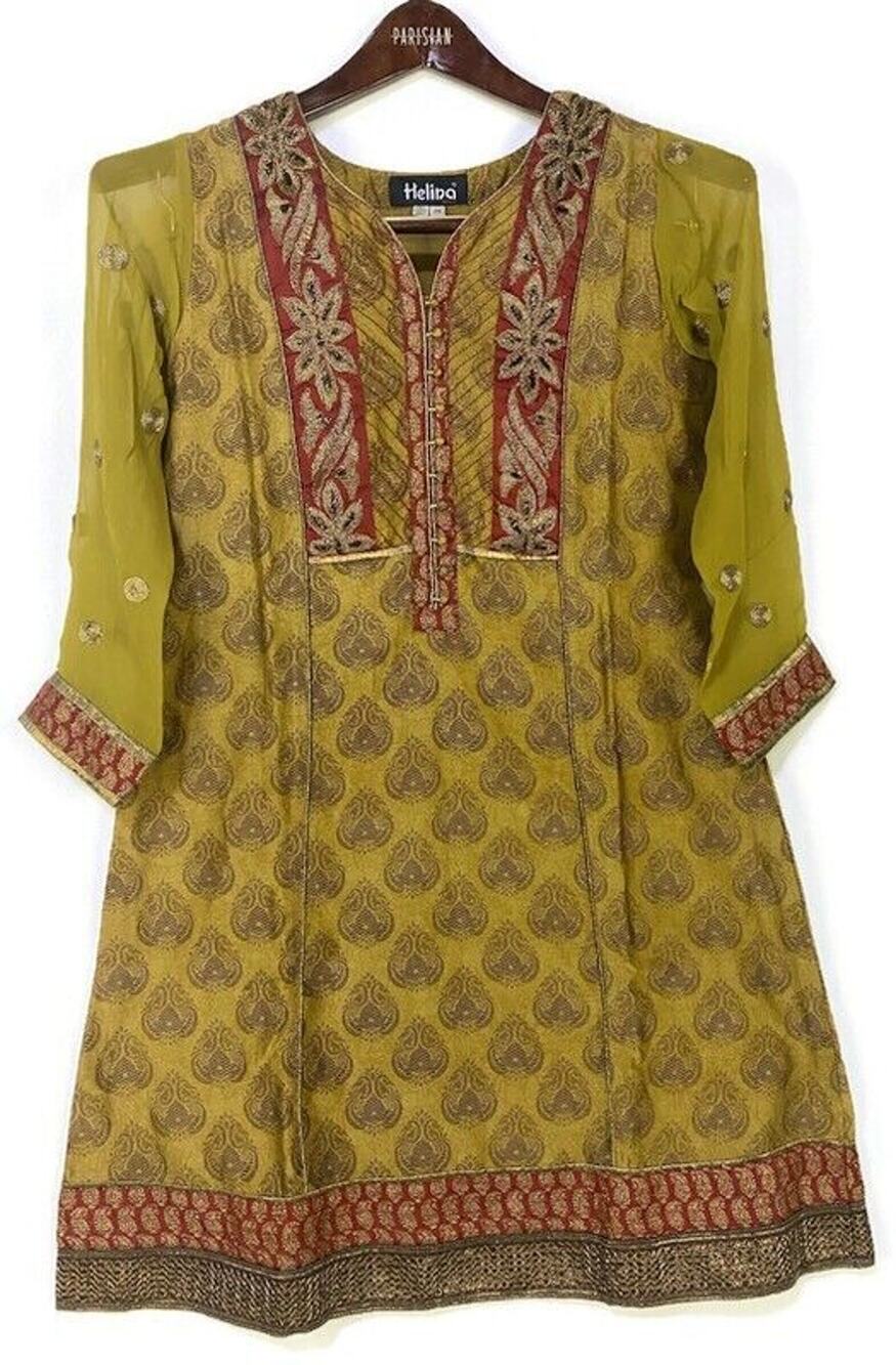 Helina By Vira Gold Indian Tunic Embroidered Top Women's Size 36 US Size 4